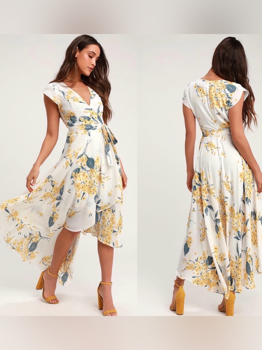 NWT - Lulus Floral Wrap Midi Dress in White and Yellow